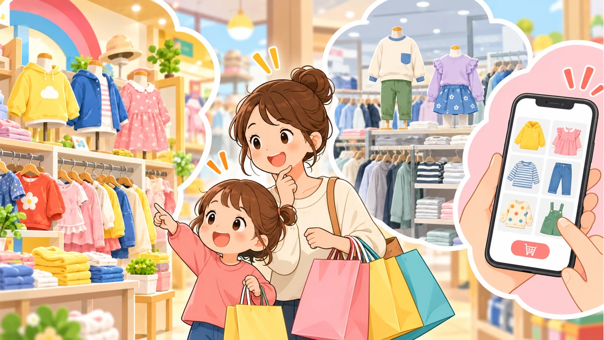 専門店と量販店を見比べて幼児向け子供服を探す親子のイラスト
