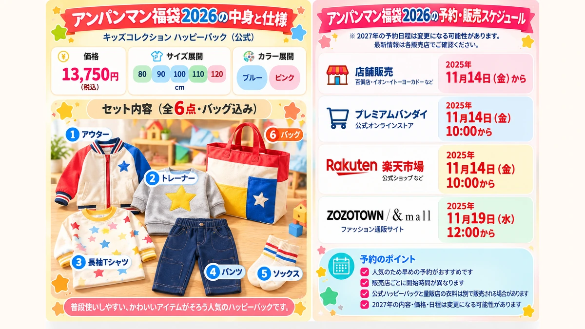 アンパンマン福袋2026の内容と主な販売店の予約スケジュールをまとめた図