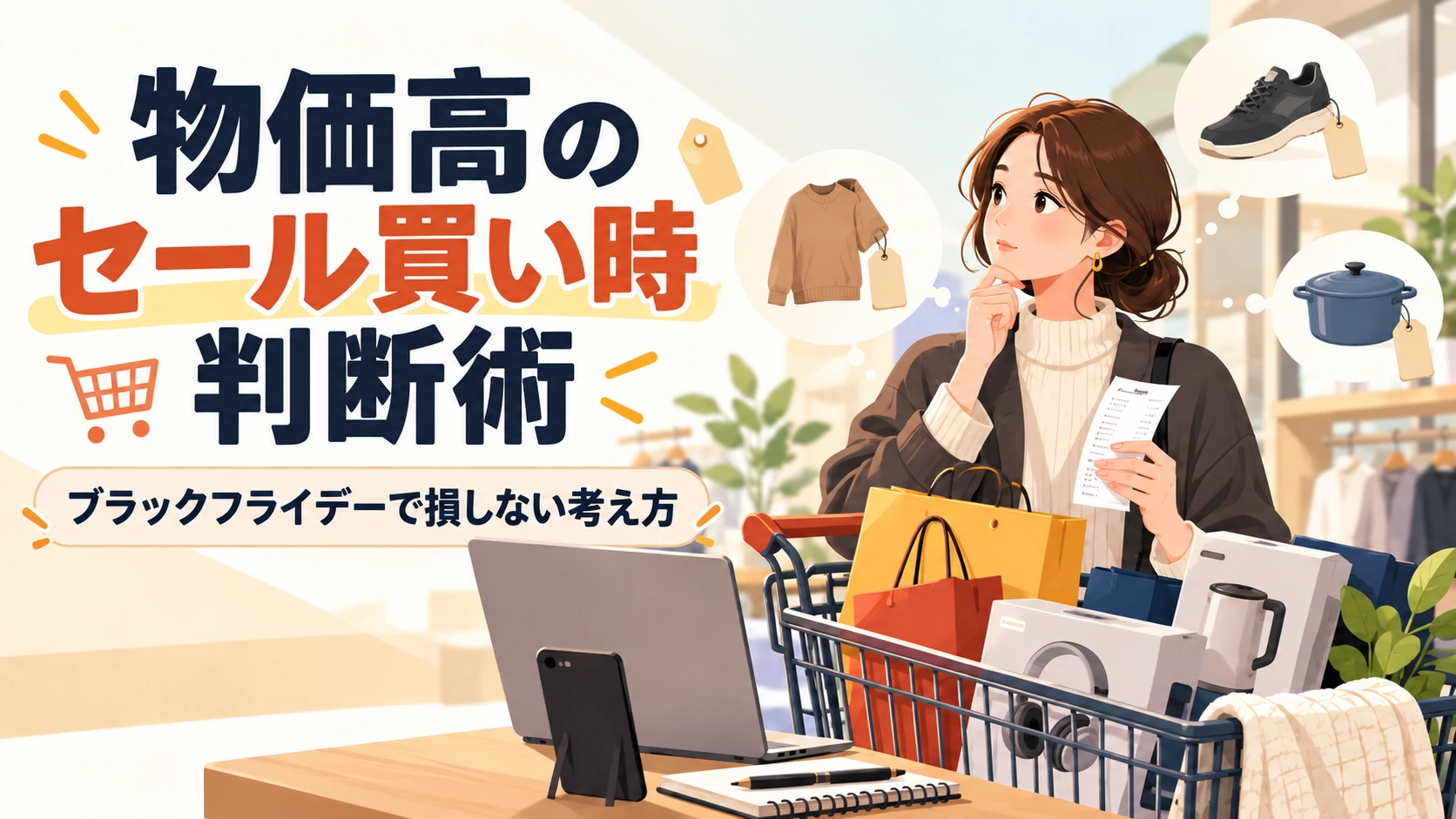 物価高のセールで価格を見比べながら買い時を判断するイメージ