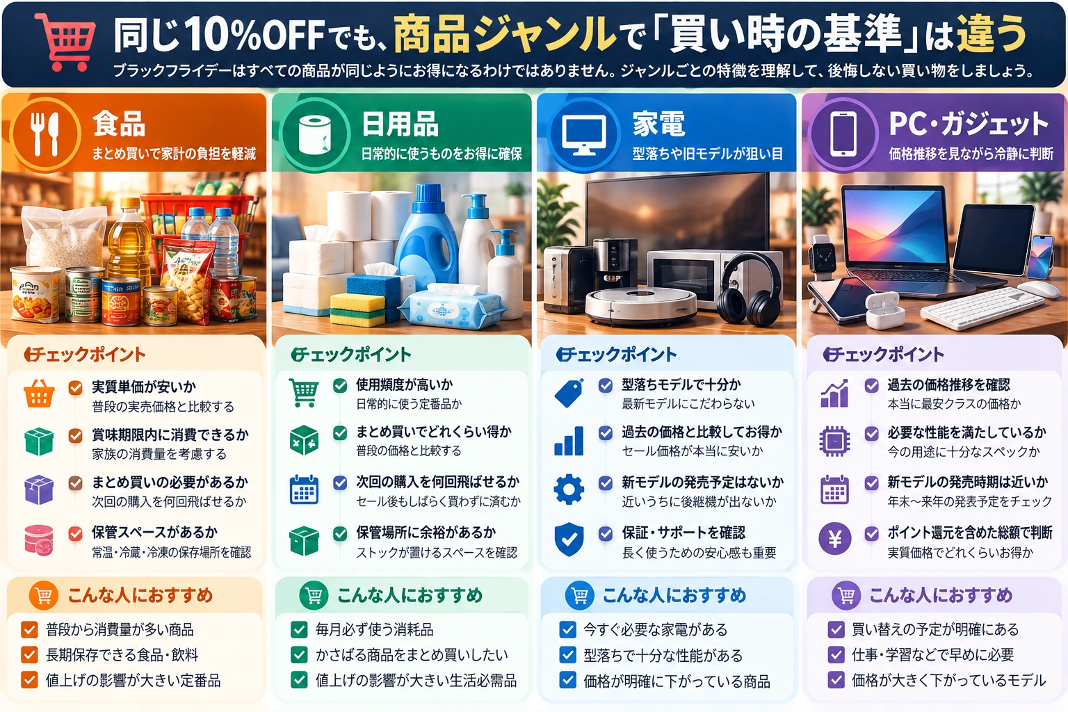 食品・日用品・家電・PCガジェットで異なる買い時の基準を比較する図