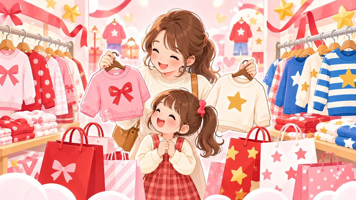 複数の販売店を横断して好みの子供服を探す親子のイラスト