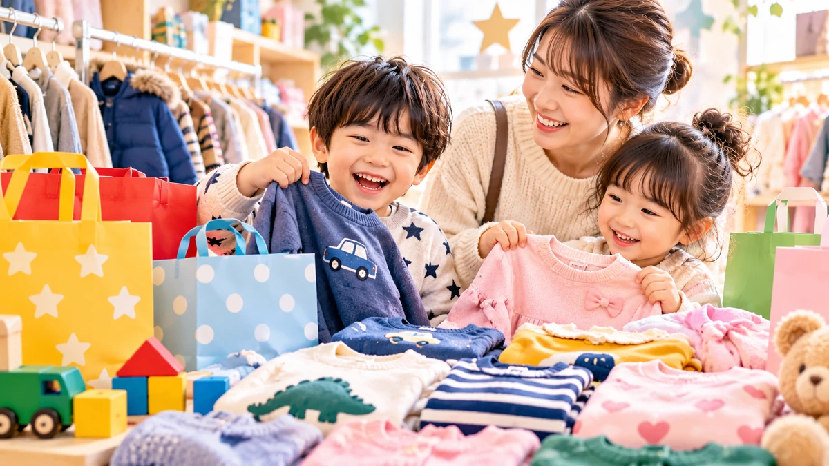 好きなモチーフの子供服から福袋の販売店を探す親子のイメージ