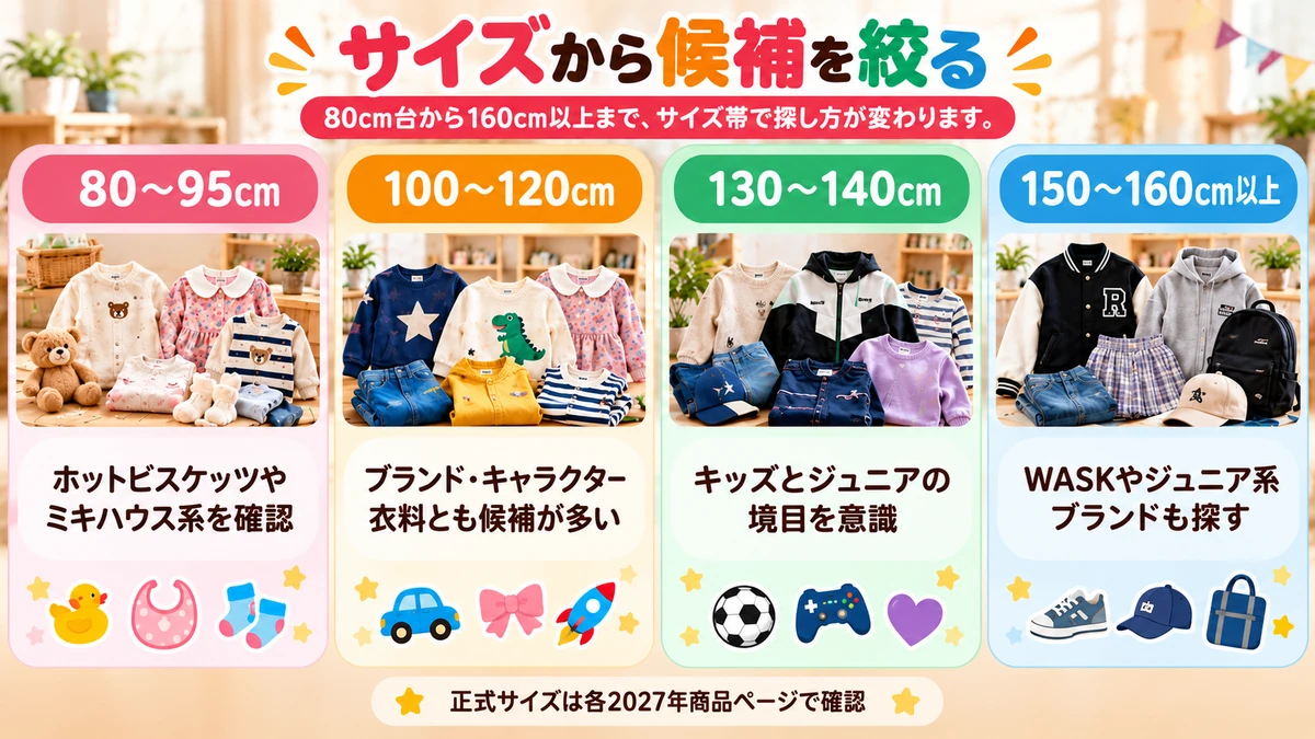 80cm台から160cm以上までキッズ福袋をサイズ別に探すポイントの図