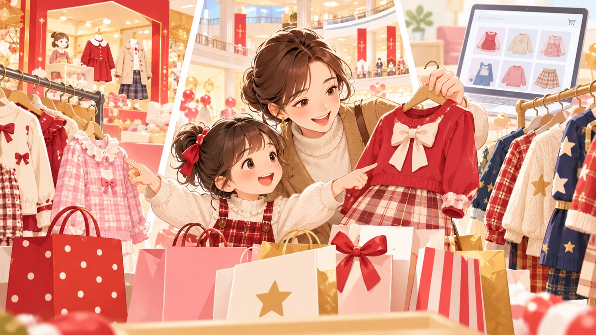 秋から年始まで時期別にキッズ福袋の販売店を確認するイラスト