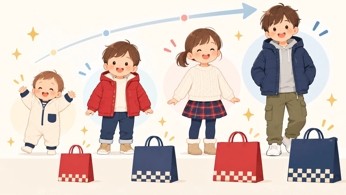 幼児サイズから150cmまでの子供服を並べた福袋サイズ比較イメージ