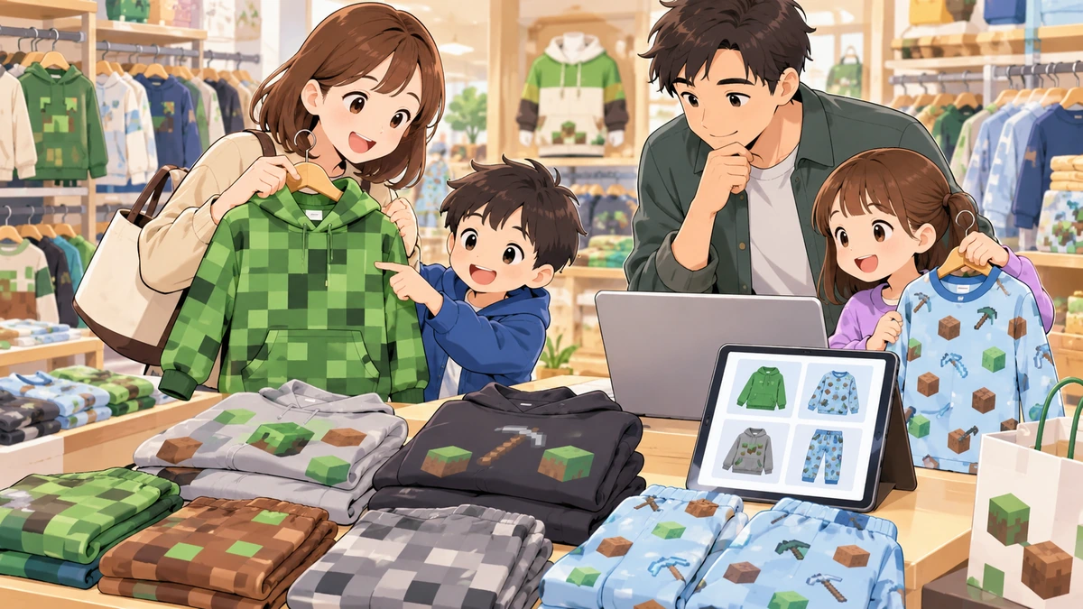 複数サイズのパジャマを量販店と通販で比較する親子のイラスト