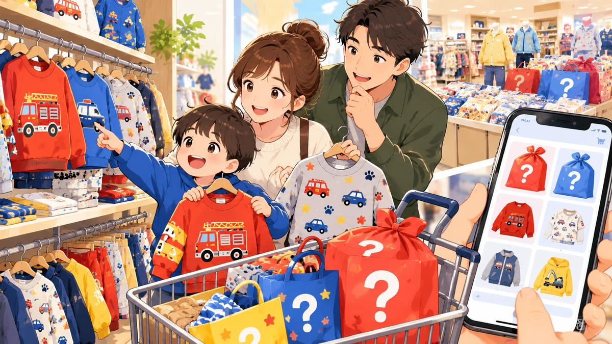 複数の販売店を横断してキッズ福袋を探す親子のイラスト