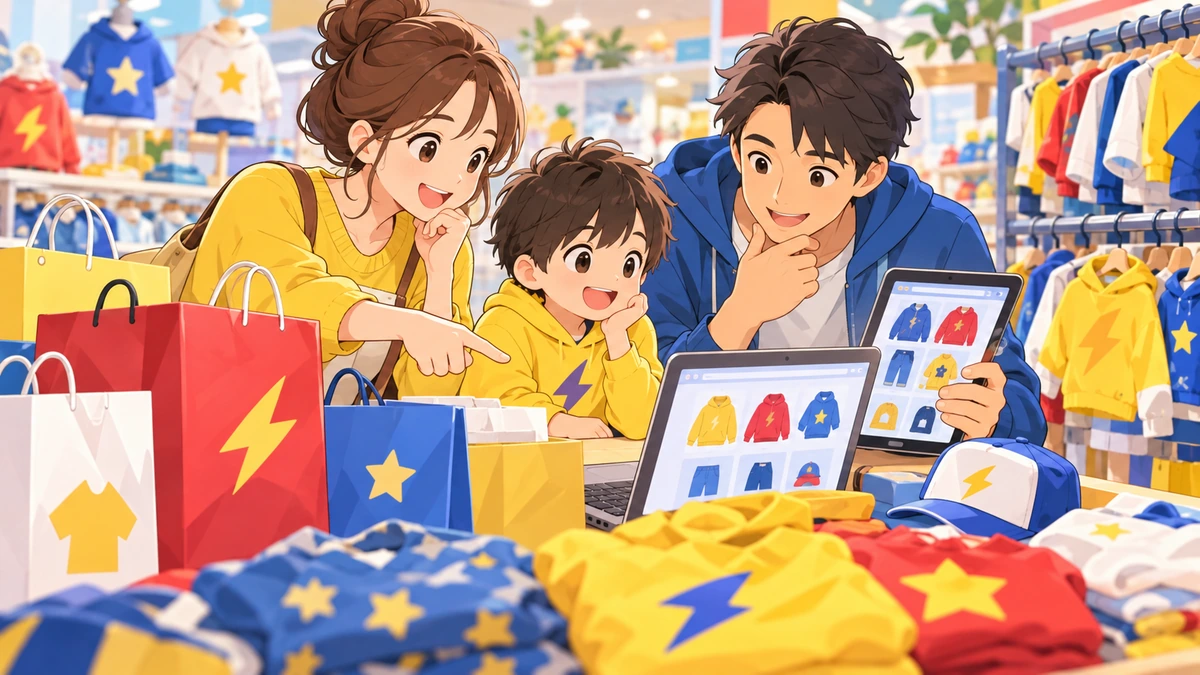 量販店と通販を横断して子供服福袋を探す親子のイラスト