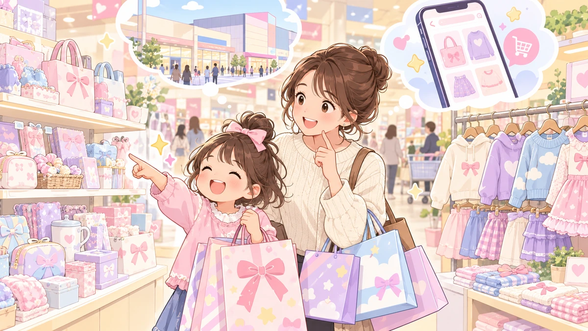 雑貨福袋と子供服福袋の販売先を見比べる親子のイラスト