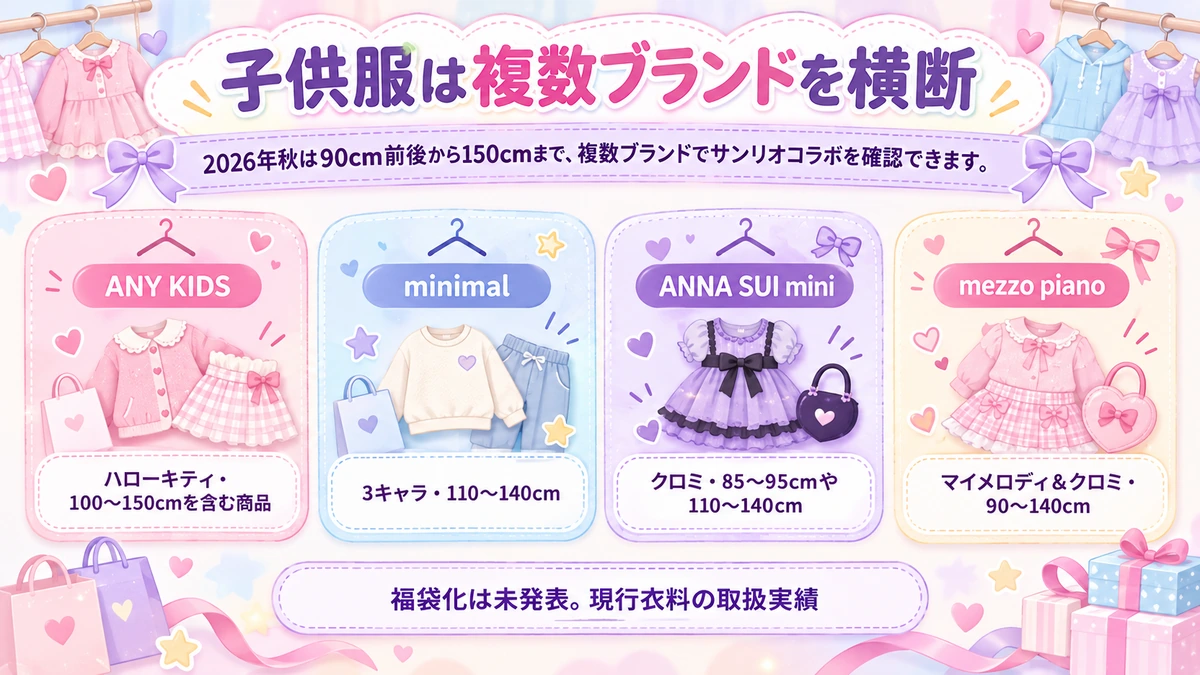 2026年秋のサンリオ子供服コラボブランドとサイズ帯を整理した図