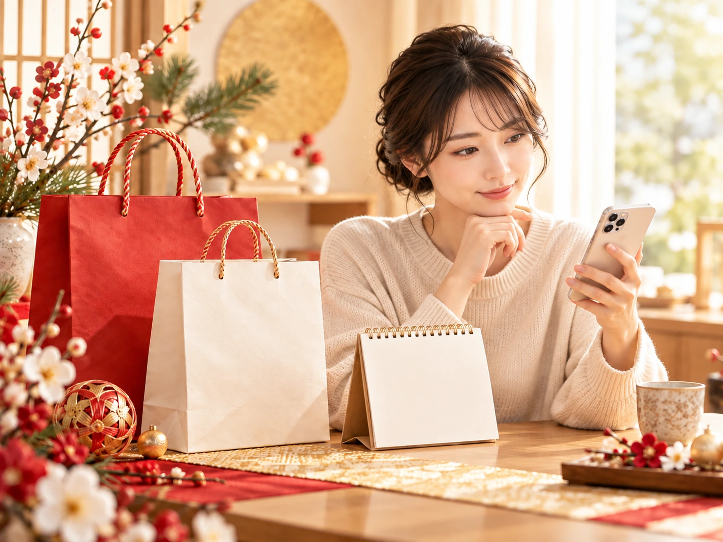 福袋を今買うか発売日を待つか、カレンダーを見ながら考えるイメージ